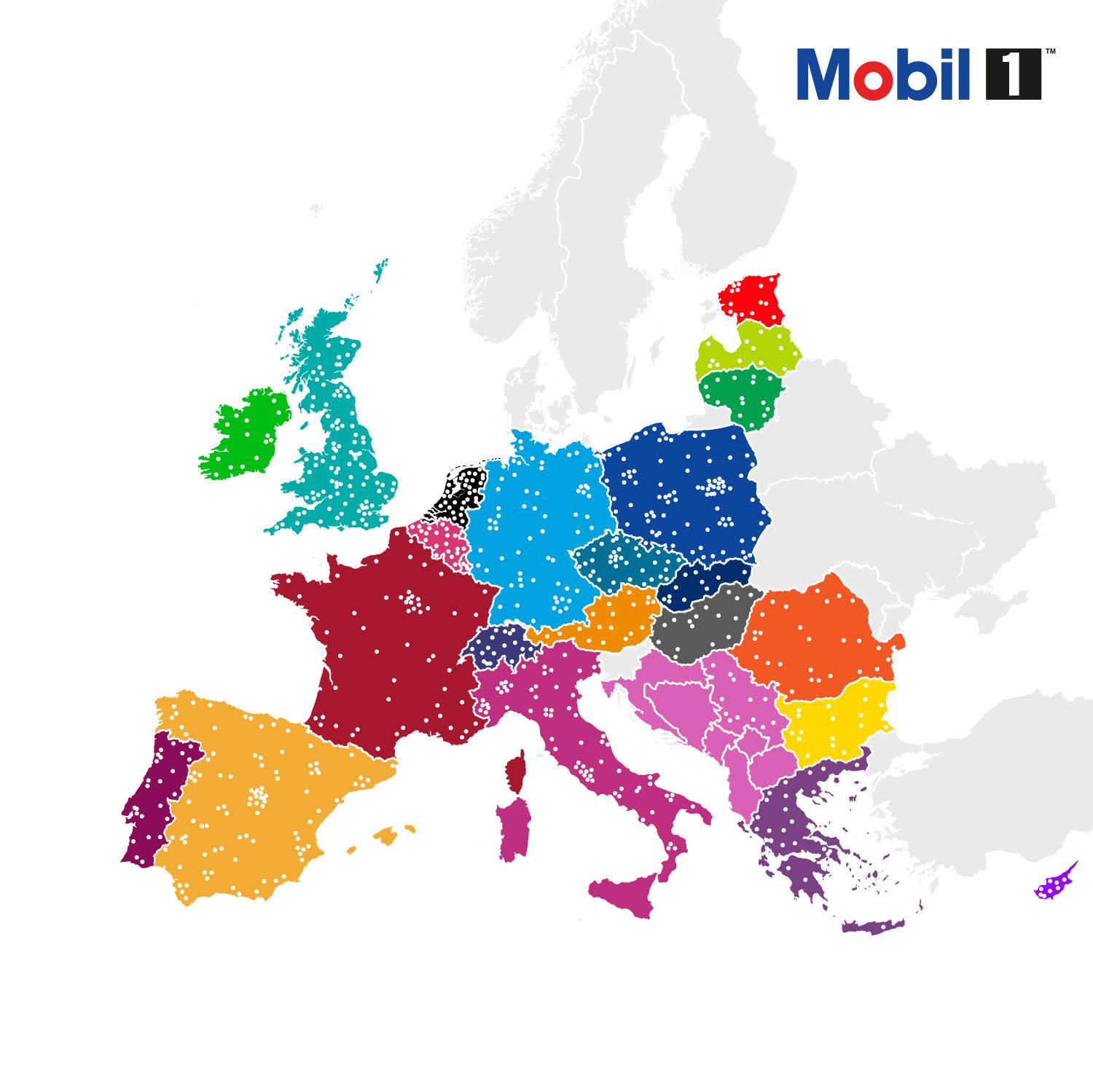 Europakarte teilnehmende Länder/Betriebe am Mobil 1 Werkstattprogramm