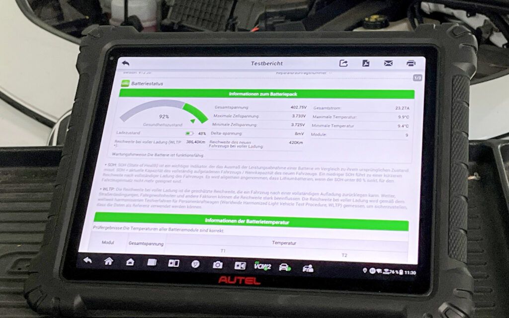 Das Auslesen des SoH-Werts aus dem Batteriemanagement ist ein erster guter Anhaltspunkt, er kann unter Umständen aber trügen. Bild: Schmidt Das Auslesen des SoH-Werts aus dem Batteriemanagement ist ein erster guter Anhaltspunkt, er kann unter Umständen aber trügen. Bild: Schmidt
