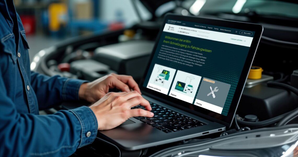 Schneller, sicherer, professioneller: Warum moderne Werkstätten zentralen Zugriff auf OEM-Daten brauchen Mann bedient Laptop, das auf Motor eines Fahrzeugs steht; der Startbildschirm vom neuen erWin ist im Laptop sichtbar
