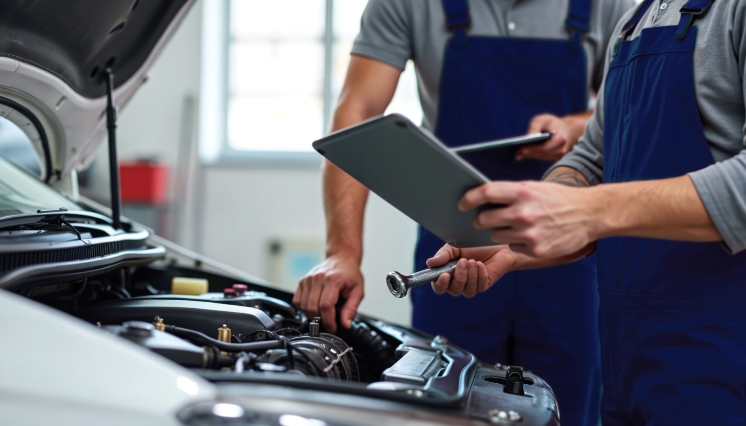 Techniker in Werkstatt schaut im Tablet auf technische Detailzeichnung eines Autos.