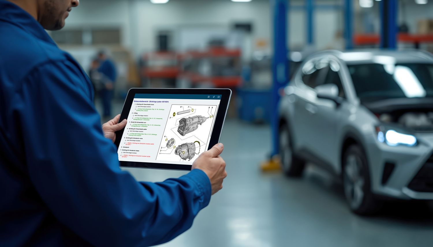 Techniker in Werkstatt schaut im Tablet auf technische Detailzeichnung eines Autos.